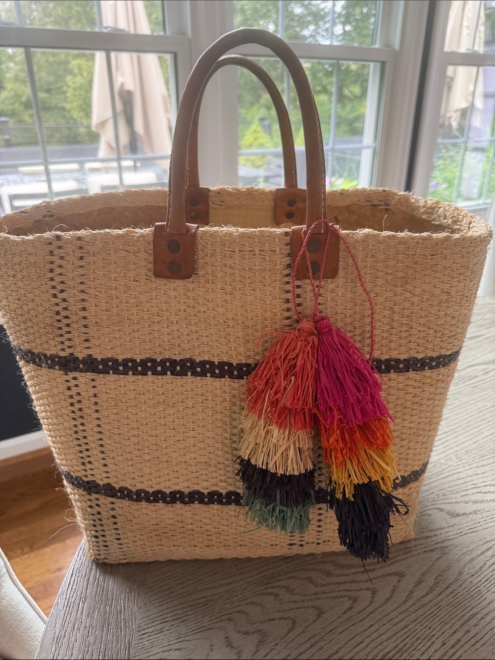 Mar y Sol Woven Natural Straw Tote with Multicolor Tassel Accent